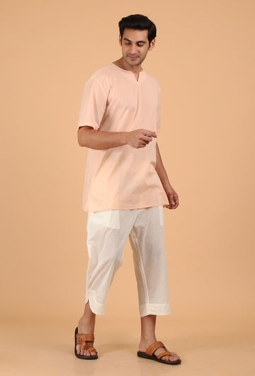 Peach Cotton Mulmul Short Kurta & White Three Quarter Pant
